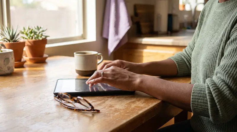 Hands signing on a tablet at a kitchen table next to a coffee mug and reading glasses