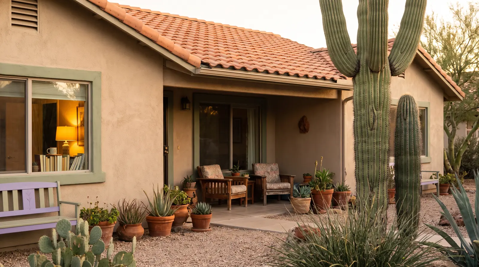 A single-story Arizona stucco home with a shaded front porch and desert landscaping at golden hour