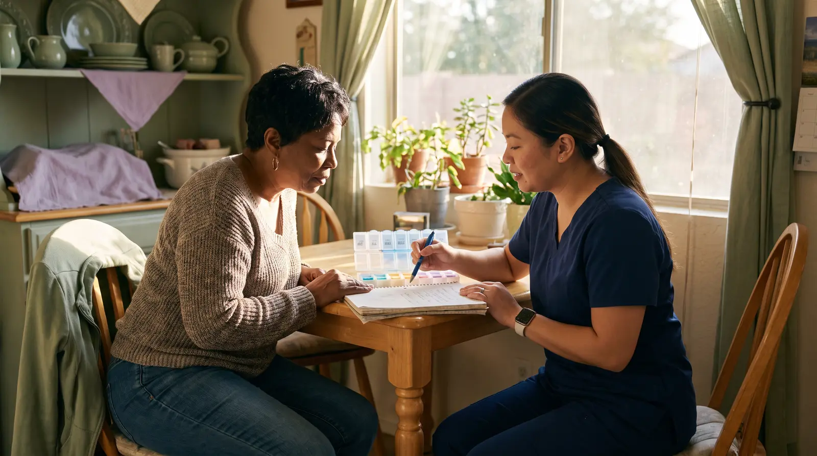 A nurse in navy scrubs going over a weekly pill organizer with a caregiver at her dining table