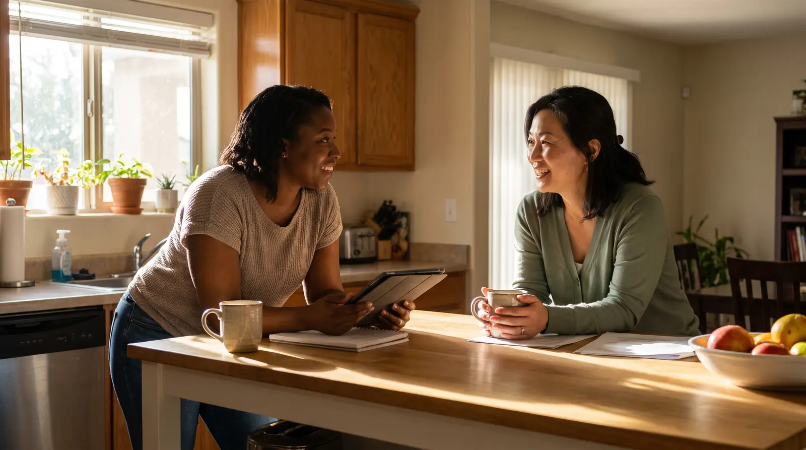 A visiting support worker with a tablet talking with a caregiver over coffee at her kitchen island