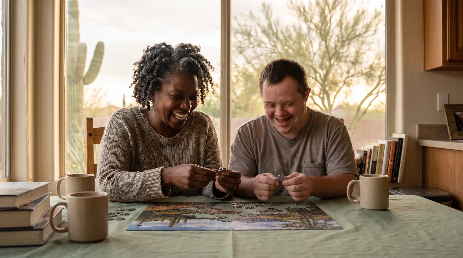 A caregiver and an adult man laughing together over a jigsaw puzzle at a kitchen table, with saguaros outside the window